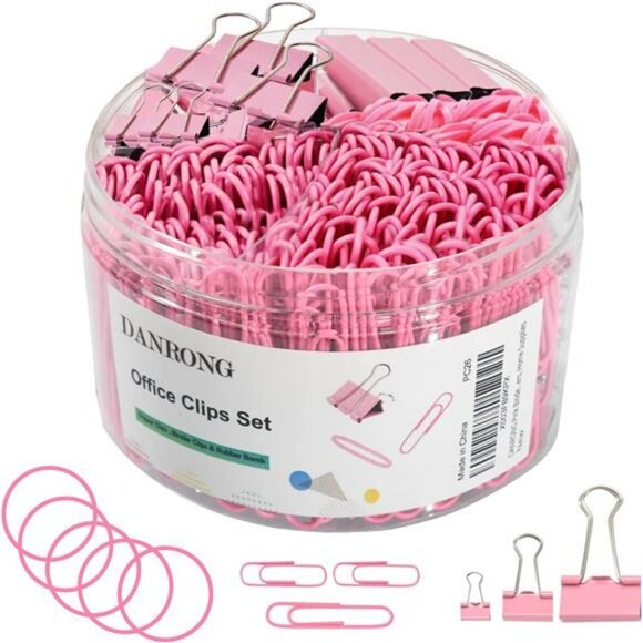 Pink binder clips paper clips rubber bands set 380 pcs office school supplies - Picture 1 of 8